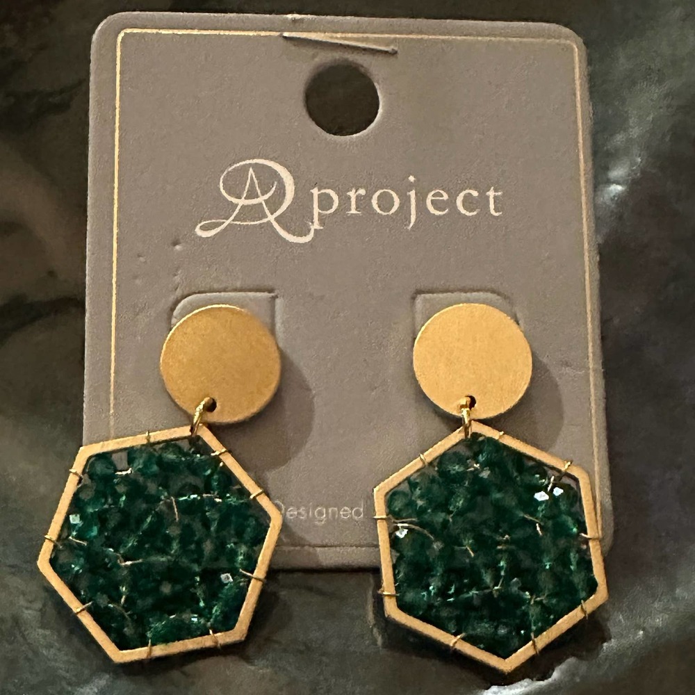 Gold Hardware Green Dangle Hexagon Earrings